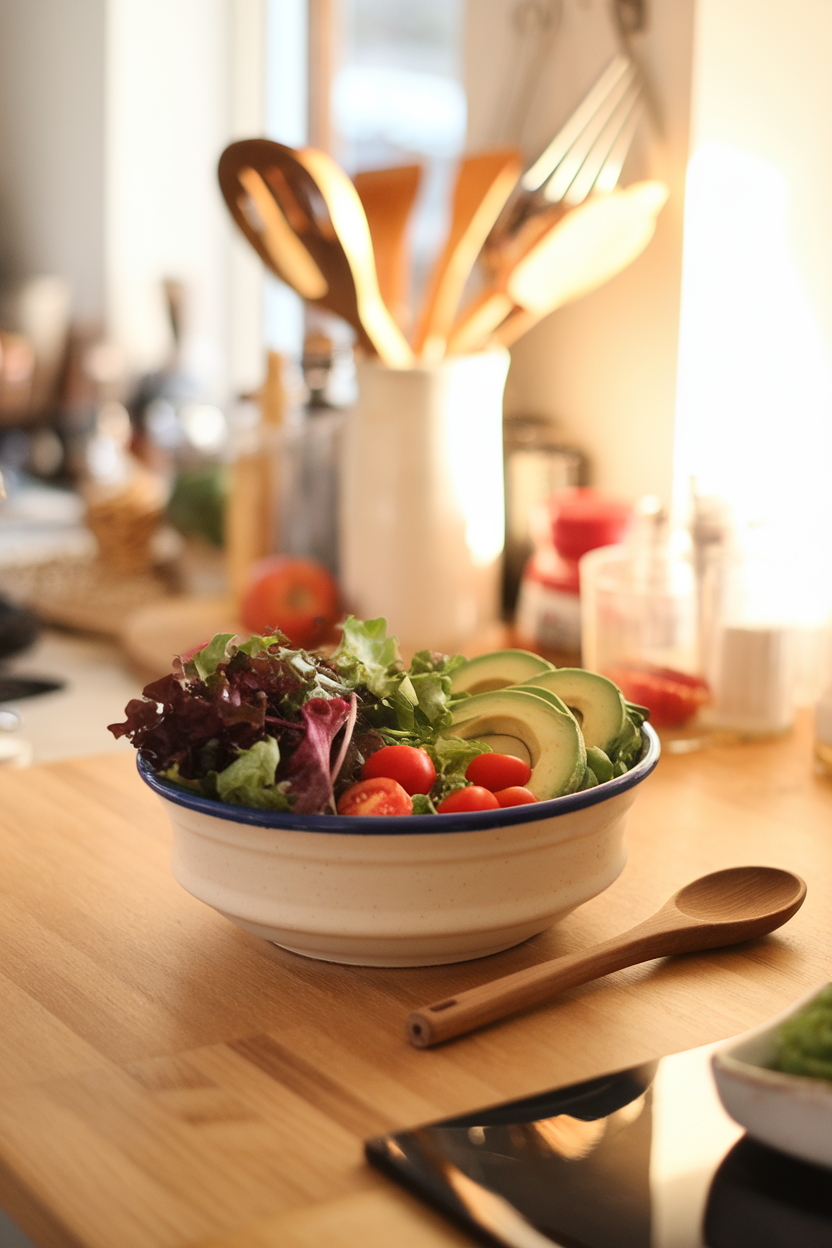 A warmly lit indoor kitchen counter featuring a white ceramic bowl of mixed greens, cherry tomatoes, and sliced avocado with a wooden spoon resting alongside. No text or logos. Photo.
