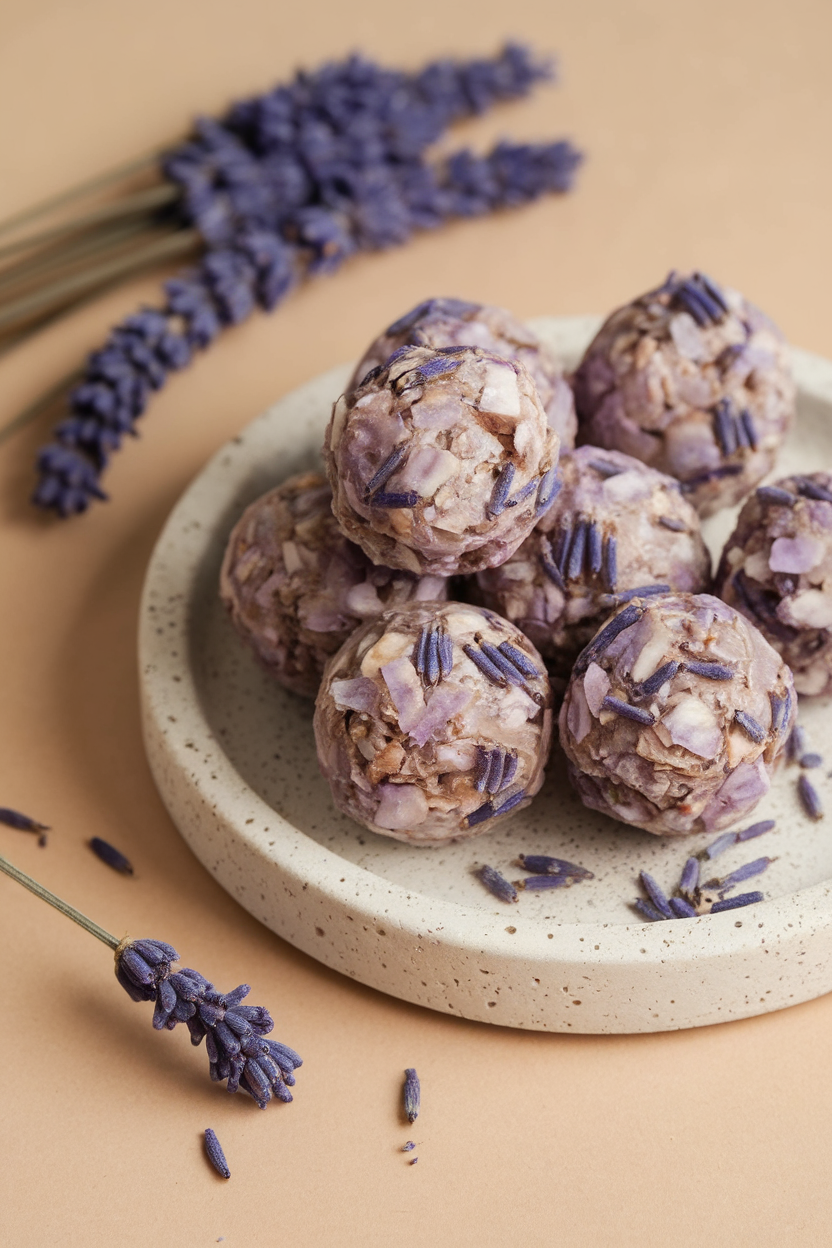 Photo of an indoor stone plate with pale lavender-tinted energy balls, a few dried culinary lavender buds nearby. No text or logos.