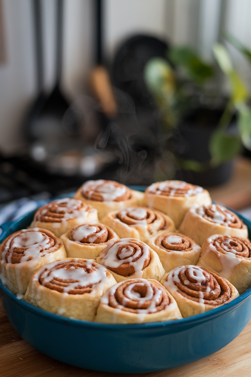 A casserole dish indoors overflowing with fluffy cinnamon roll pieces baked together, icing drizzled generously over the top, steam rising slightly. No logos or text.