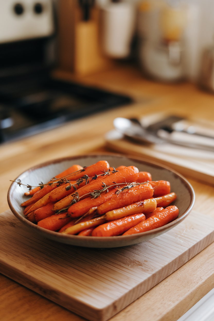 Warm indoor kitchen counter featuring a shallow bowl of roasted baby carrots coated in glossy maple glaze and thyme sprigs. No text or logos.