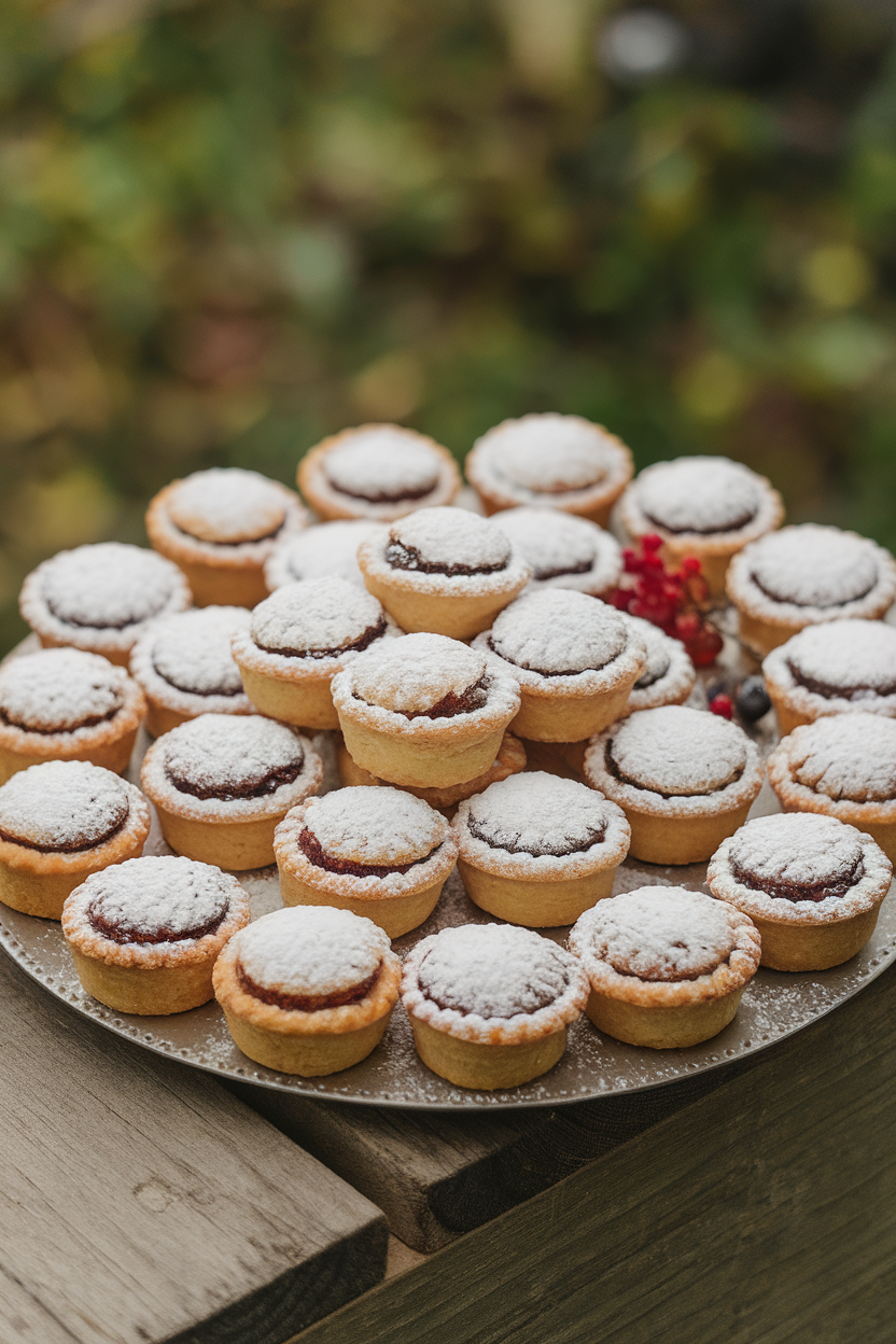 Indoor photo of bite-sized mince pies dusted with powdered sugar on a platter; no text or logos