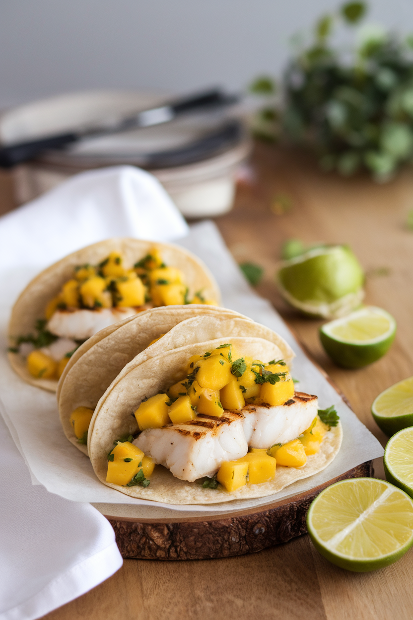 An indoor table with corn tortillas filled with grilled white fish and bright mango salsa, lime halves nearby. Photo, no text or logos.