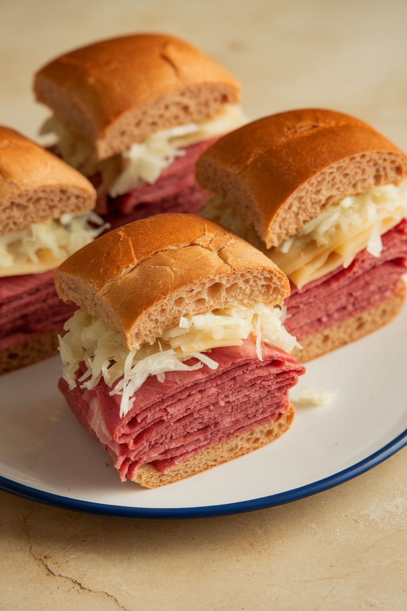 Indoor photo of small rye rolls layered with corned beef, sauerkraut, Swiss, and a stripe of Russian dressing. No text or logos.