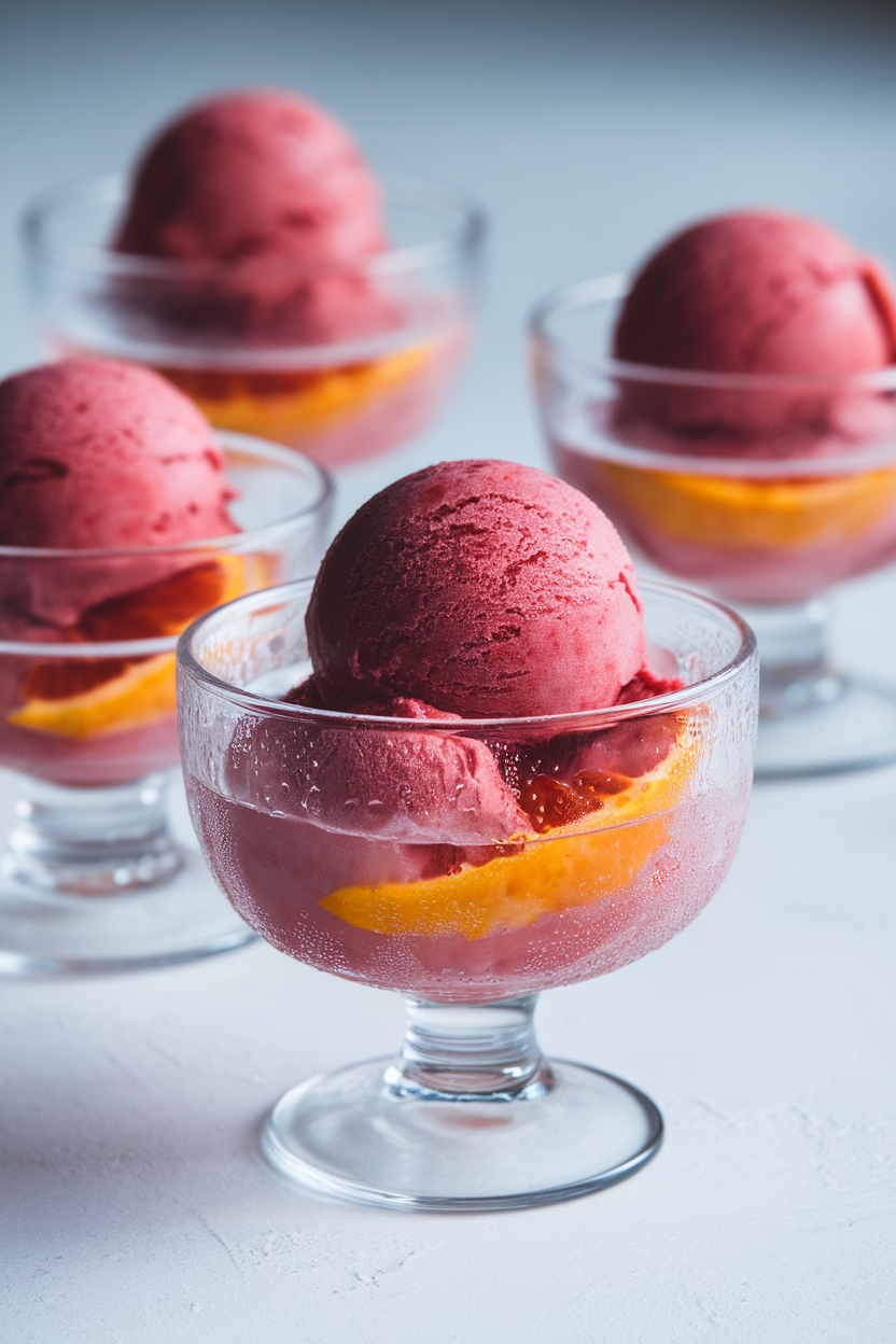 Indoor photo of scoops of deep pink blood orange sorbet in chilled bowls, slight condensation on glass, no text or logos