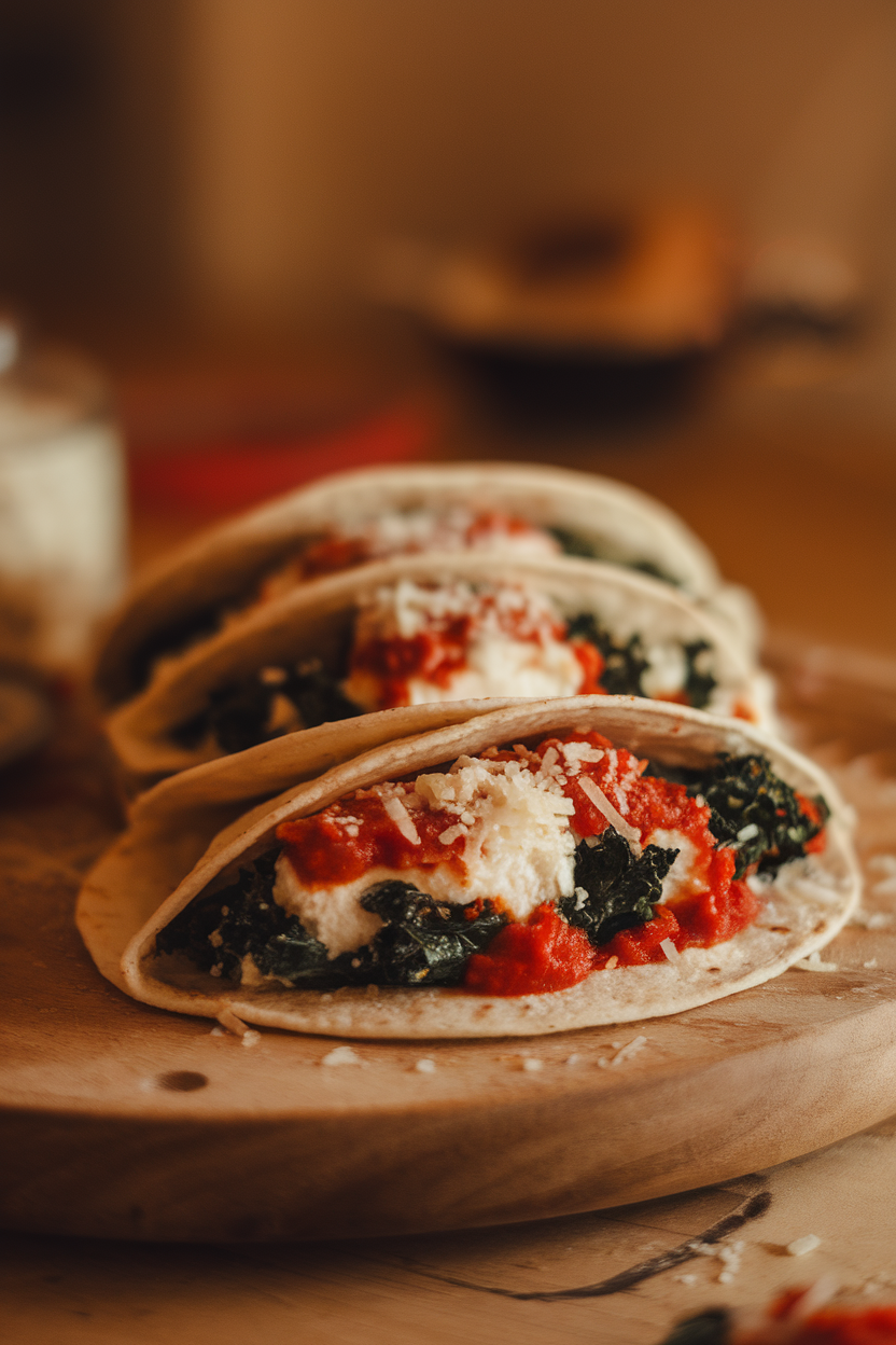 Warm indoor image of tortillas filled with kale-ricotta mixture, lightly sauced with marinara, no logos.