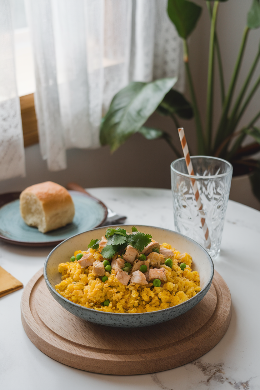Indoor dining table featuring a bowl of yellow turmeric-seasoned cauliflower rice, diced chicken, peas, and cilantro — no text or logos