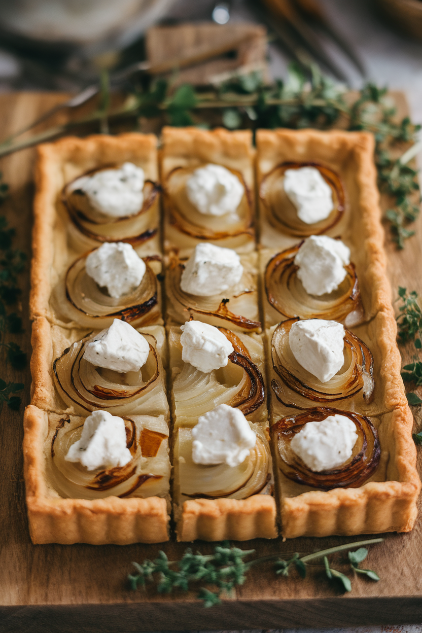An indoor shot of a rectangular tart sliced into squares, showing golden caramelized onions and dollops of goat cheese atop a puff pastry crust, no text or logos.