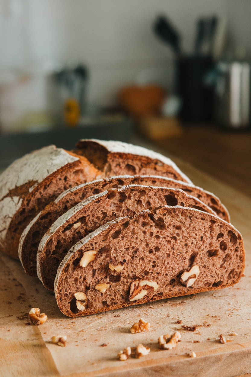 An indoor countertop showing a rustic rye loaf sliced to reveal walnut pieces, crumbs sprinkled around. No text or logos. Photo only.
