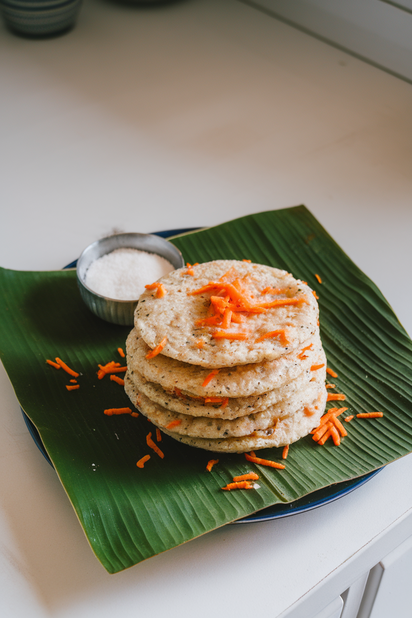 Photo prompt: An indoor kitchen counter featuring a stack of fluffy oats idlis speckled with grated carrot on a banana-leaf-lined plate, accompanied by coconut chutney in a small bowl. No text or logos visible.