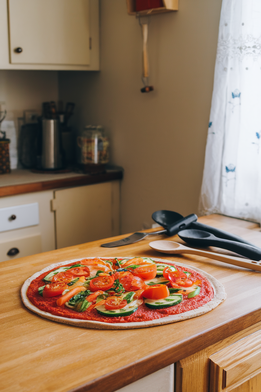 Indoor photo of a round whole-wheat pizza crust topped with tomato sauce and colorful vegetables before baking, kitchen island scene, no text or logos