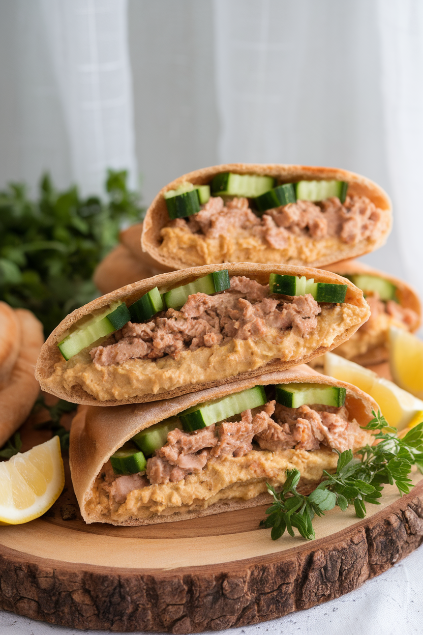 Photo of half pita pockets bursting with turkey, cucumbers, and hummus filling, indoors. No text or logos. Photo, not illustration.