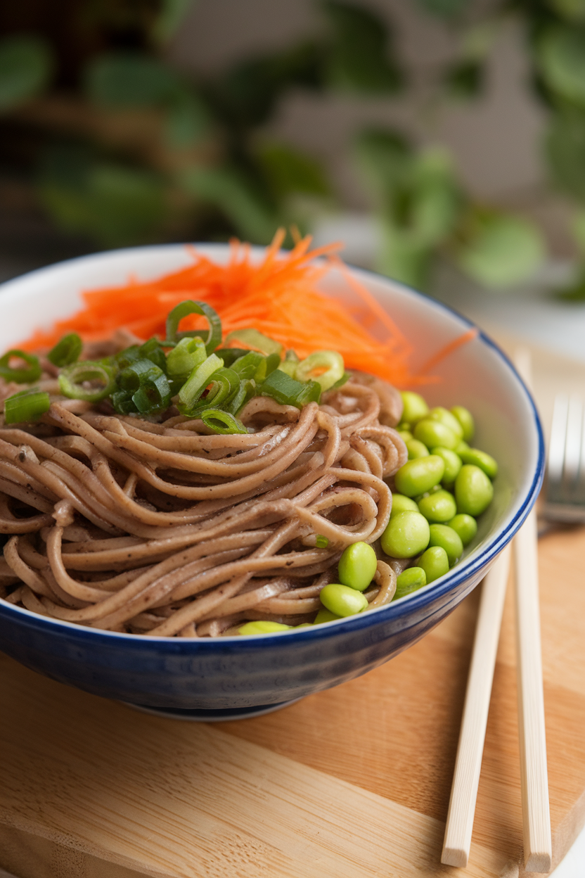 Indoor serving bowl filled with buckwheat soba noodles, shredded carrots, edamame, and scallions, glistening with ginger miso dressing. Soft lighting; no logos or text.