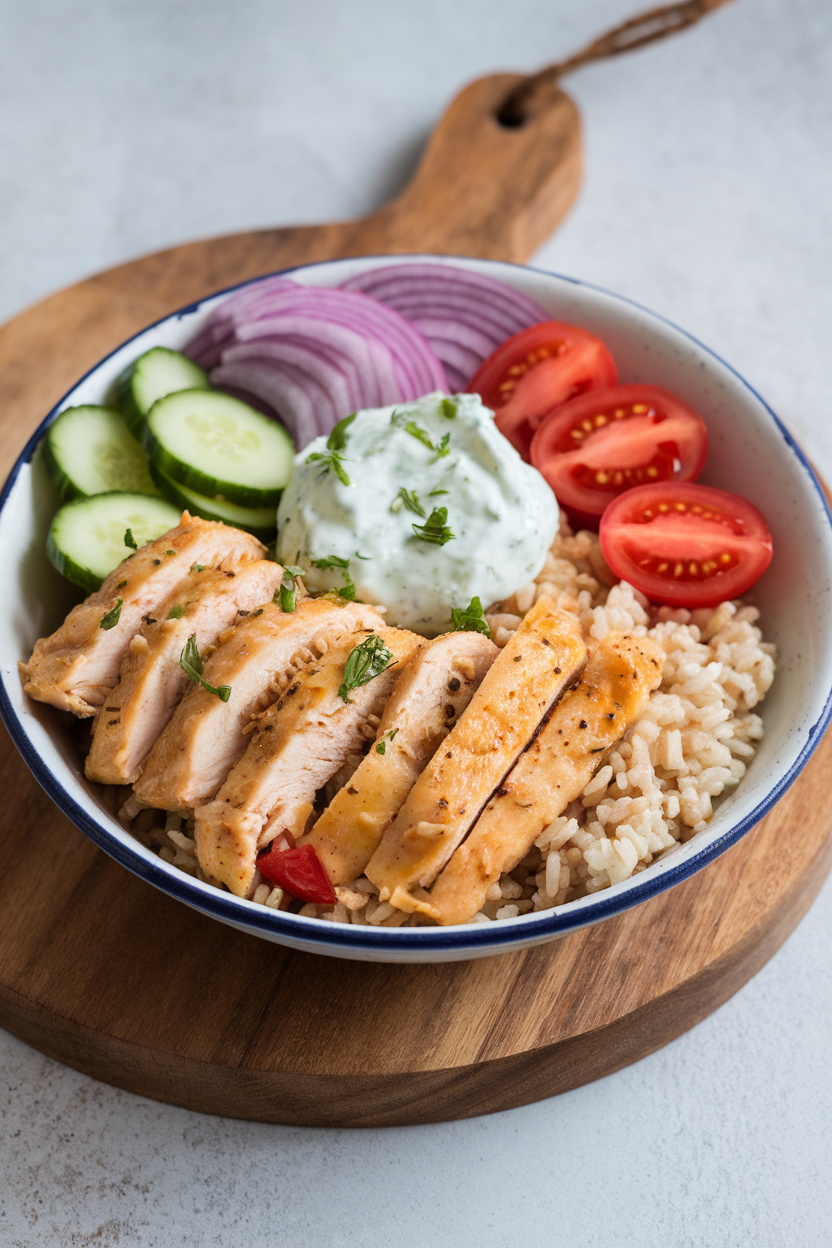 An indoor table showcasing a shallow bowl layered with lemon chicken strips, cucumber, tomato, red onion, brown rice, and a dollop of tzatziki. No text or logos anywhere. Photo.