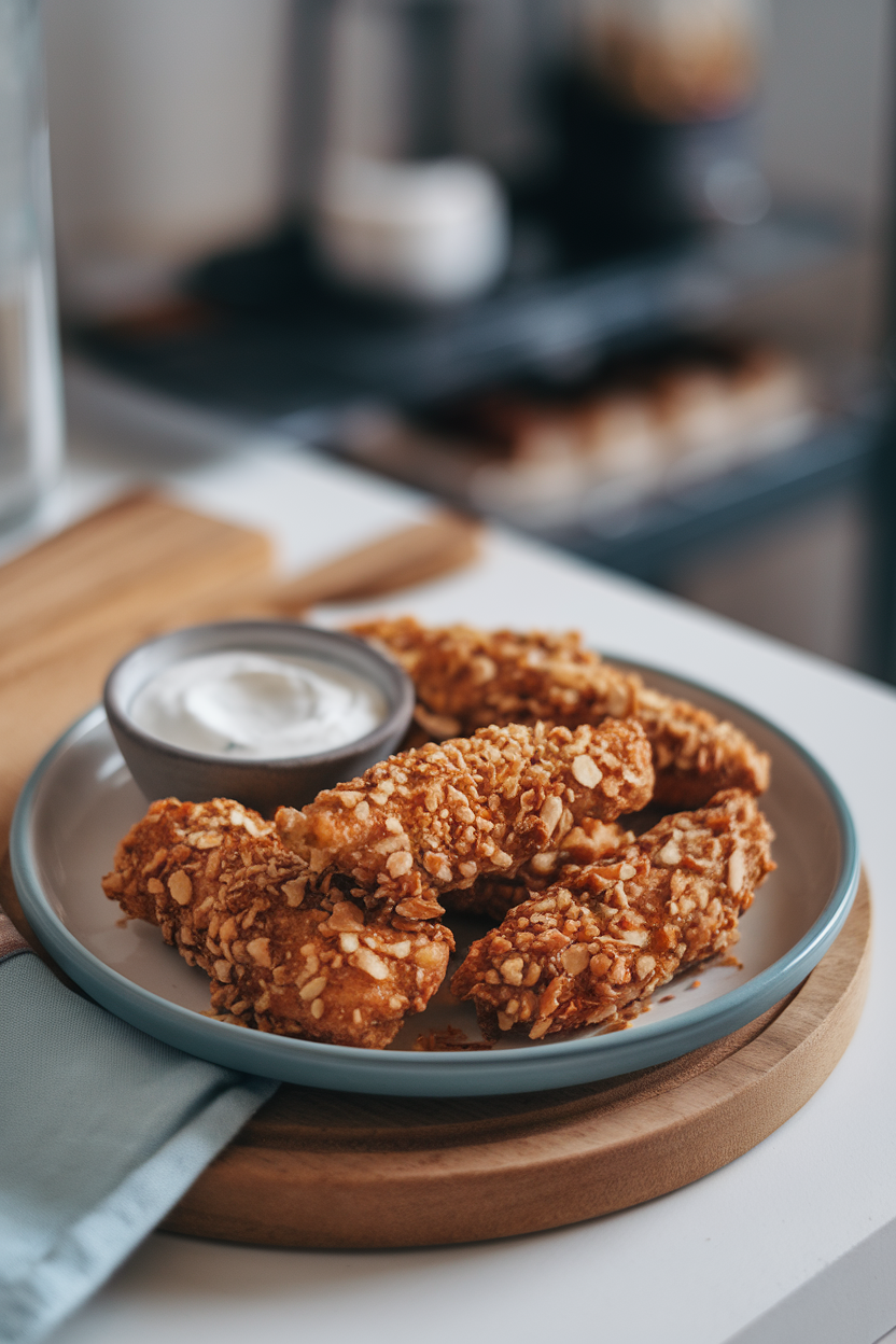 Indoor plate with baked chicken tenders coated in crushed almonds, small dish of yogurt dipping sauce nearby, no text or logos