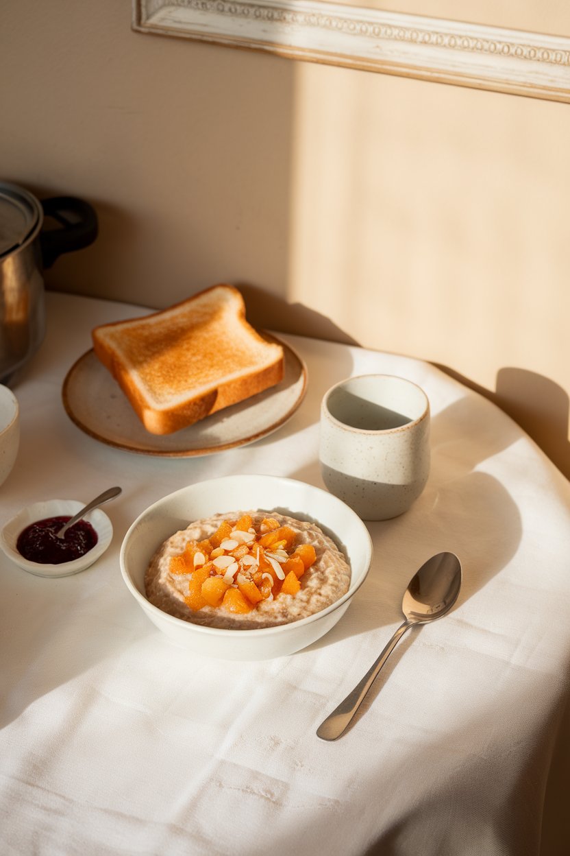 Indoor sunlit breakfast table featuring oatmeal with chopped dried apricots and slivered almonds. No text or logos. Photo.