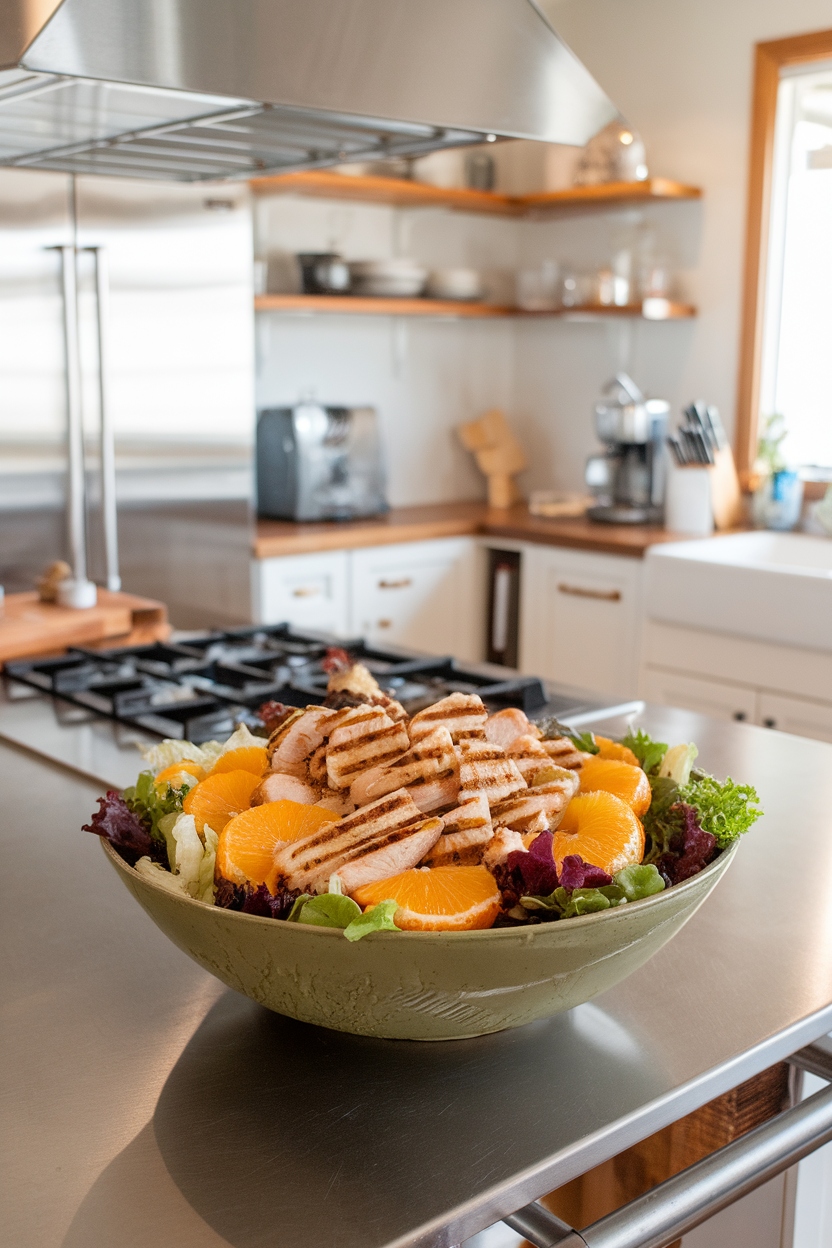 Indoor kitchen island showing a large salad bowl filled with grilled chicken strips, mixed greens, orange segments, and a light drizzle of dressing. No logos or text; photo only.