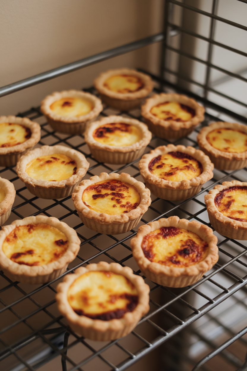 An indoor baking rack cooling petite quiches with flaky crusts and browned cheese tops, no text or logos.