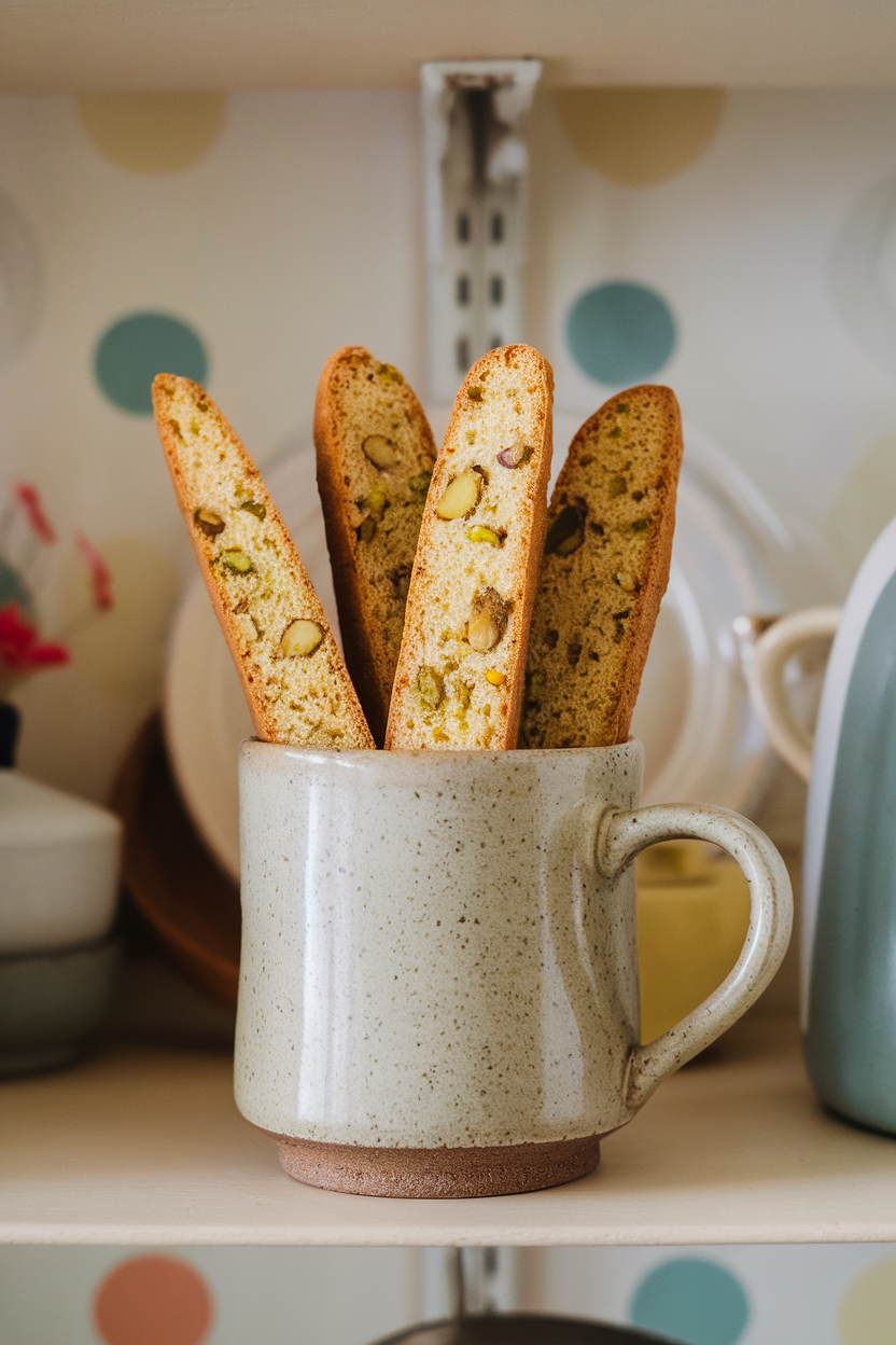 Biscotti slices standing upright in a ceramic mug on a kitchen shelf, pistachio pieces visible, light indoor setting. No logos or text.