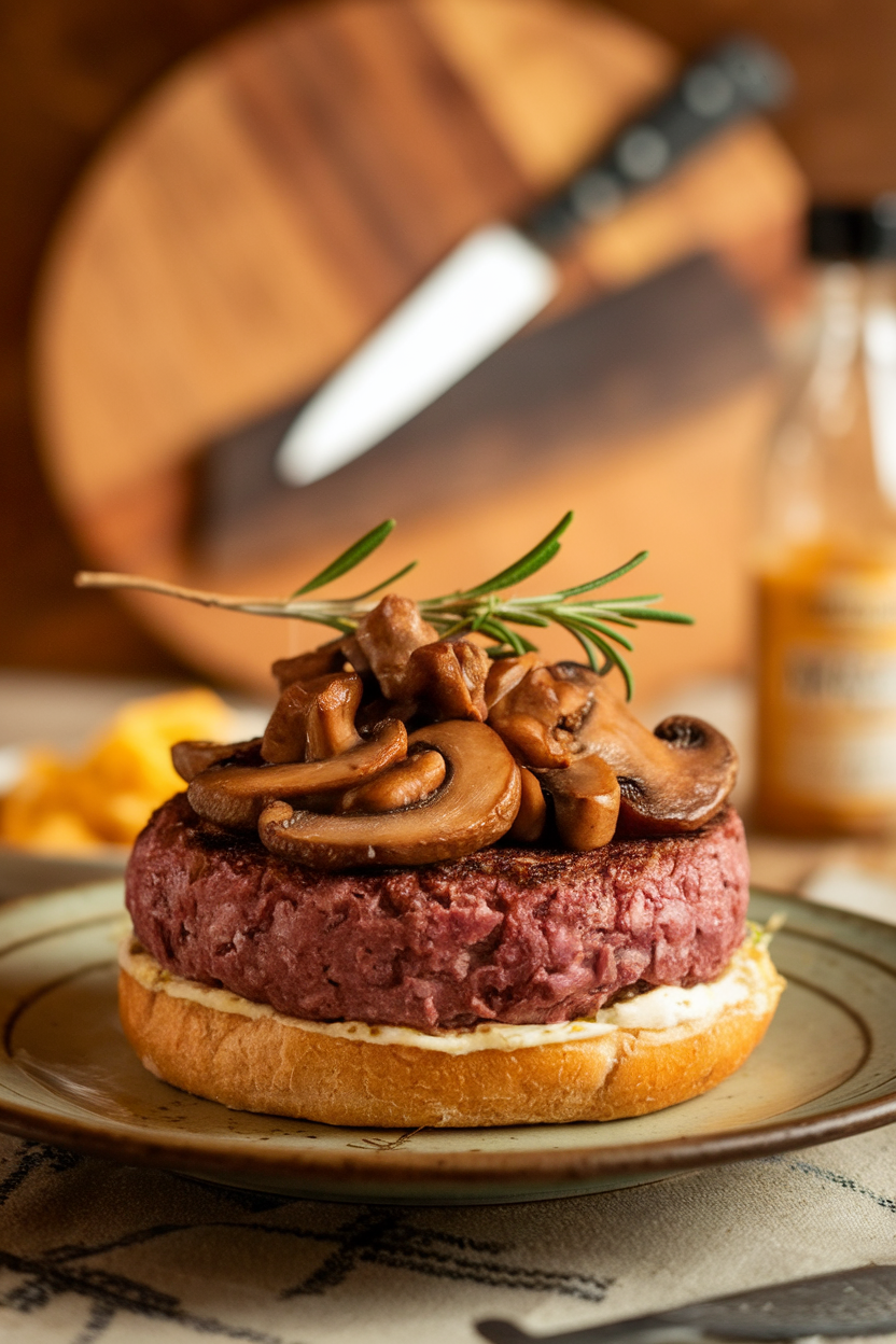 Photo of a thick bison burger topped with sautéed mushrooms and rosemary sprig, indoors on a rustic plate; no text or logos; photo, not illustration