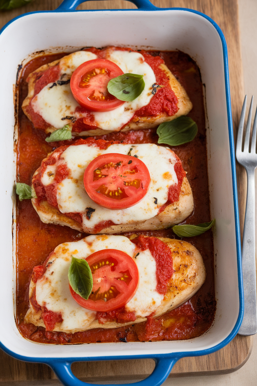 Indoor casserole dish with baked chicken breasts topped with melted mozzarella, tomato slices, and basil leaves. No text or logos. Photo, not illustration.