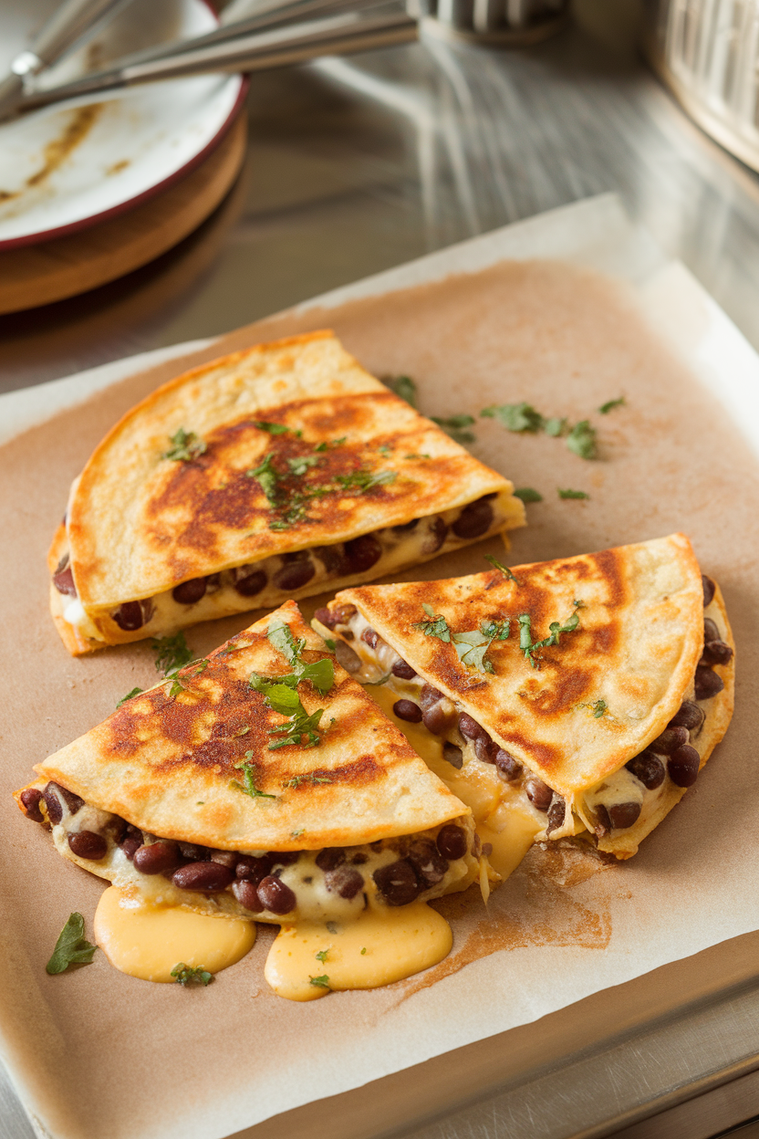 Photo of half-moon quesadilla wedges with melted cheese and black beans on a warm indoor countertop. No text or logos. Photo, not illustration.