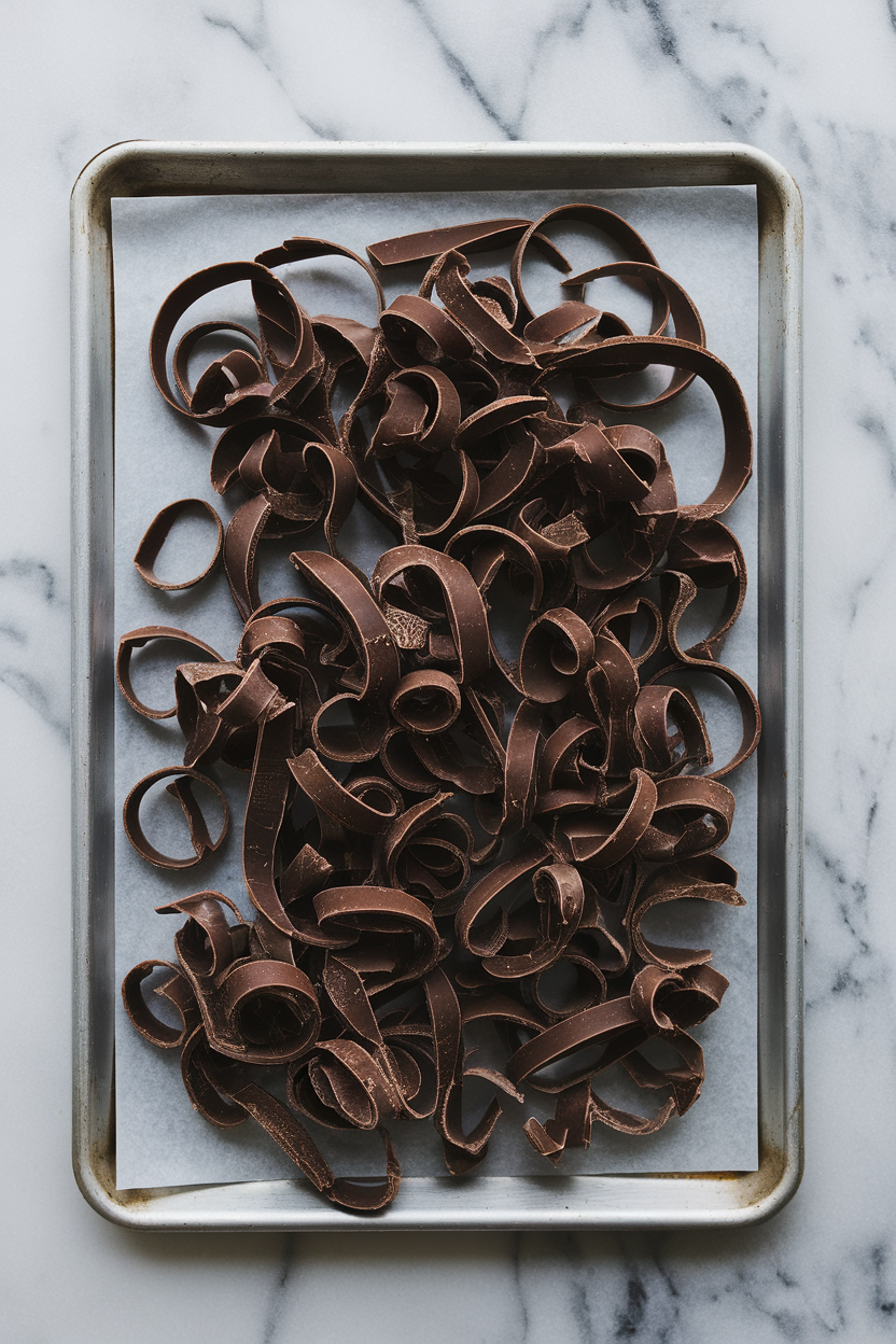 Indoor countertop featuring long dark chocolate curls scraped onto a cold baking sheet, no text or logos