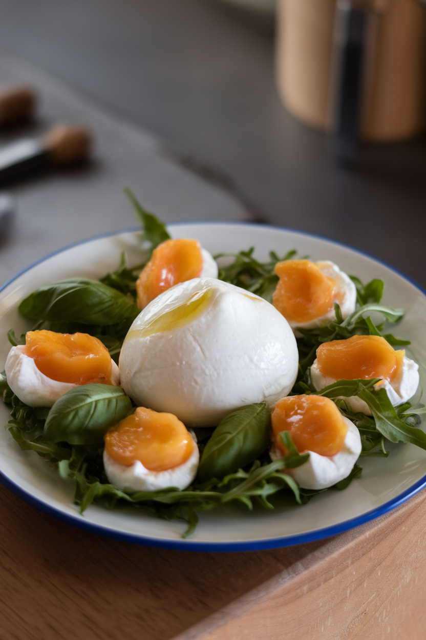 Photo of an indoor plate with burrata cheese, spoonfuls of jarred peach preserves, fresh basil leaves, and arugula, drizzled lightly with olive oil. No text or logos.