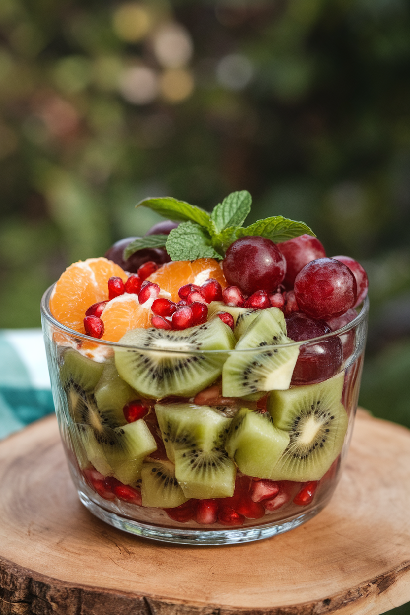 Photo of an indoor glass bowl filled with cubed kiwi, red grapes, clementine segments, and pomegranate seeds, mint leaves sprinkled on top. No text or logos present.