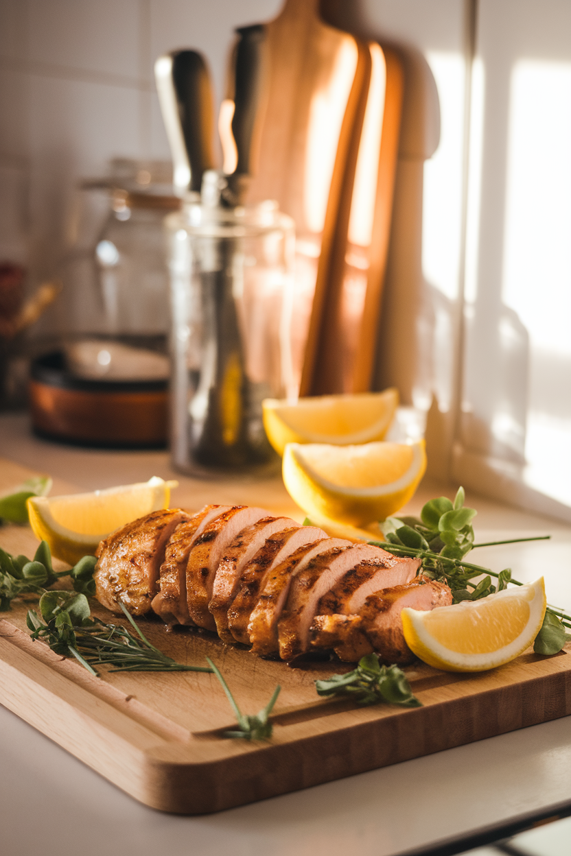 Indoor kitchen counter scene showing sliced grilled chicken breast glistening with lemon wedges and fresh herbs on a wooden cutting board, warm natural light, no text or logos.