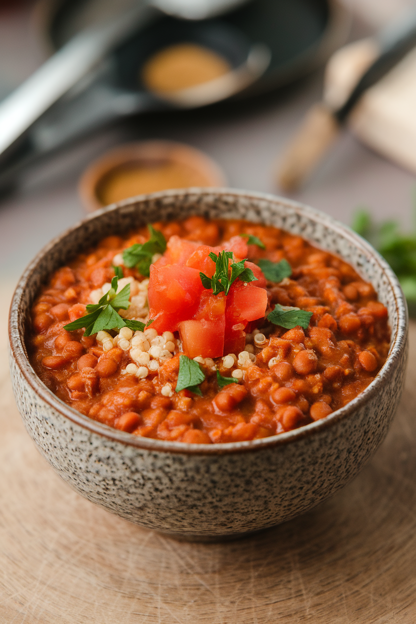 Indoor photo of a textured bowl showing thick red lentil chili with tiny quinoa pearls, topped with diced tomatoes and parsley; no text or logos.