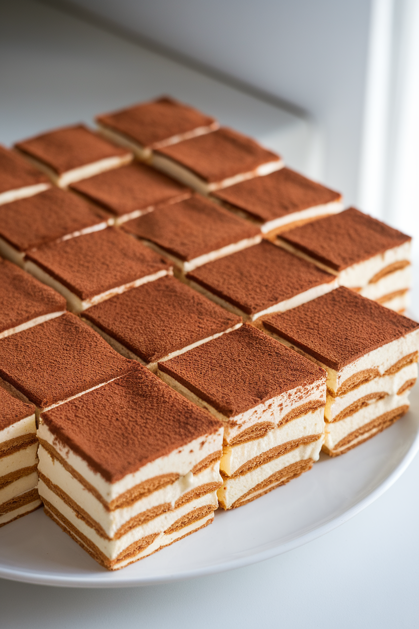 Indoor photo of neatly cut tiramisu squares with visible espresso-soaked ladyfingers and mascarpone layers, cocoa lightly sifted on top. No text or logos.