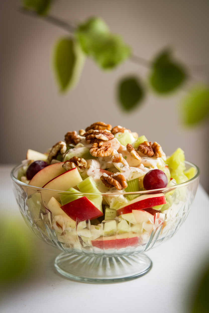 An indoor glass bowl of Waldorf salad featuring apples, grapes, celery, and walnuts in light dressing, photo, no text or logos.