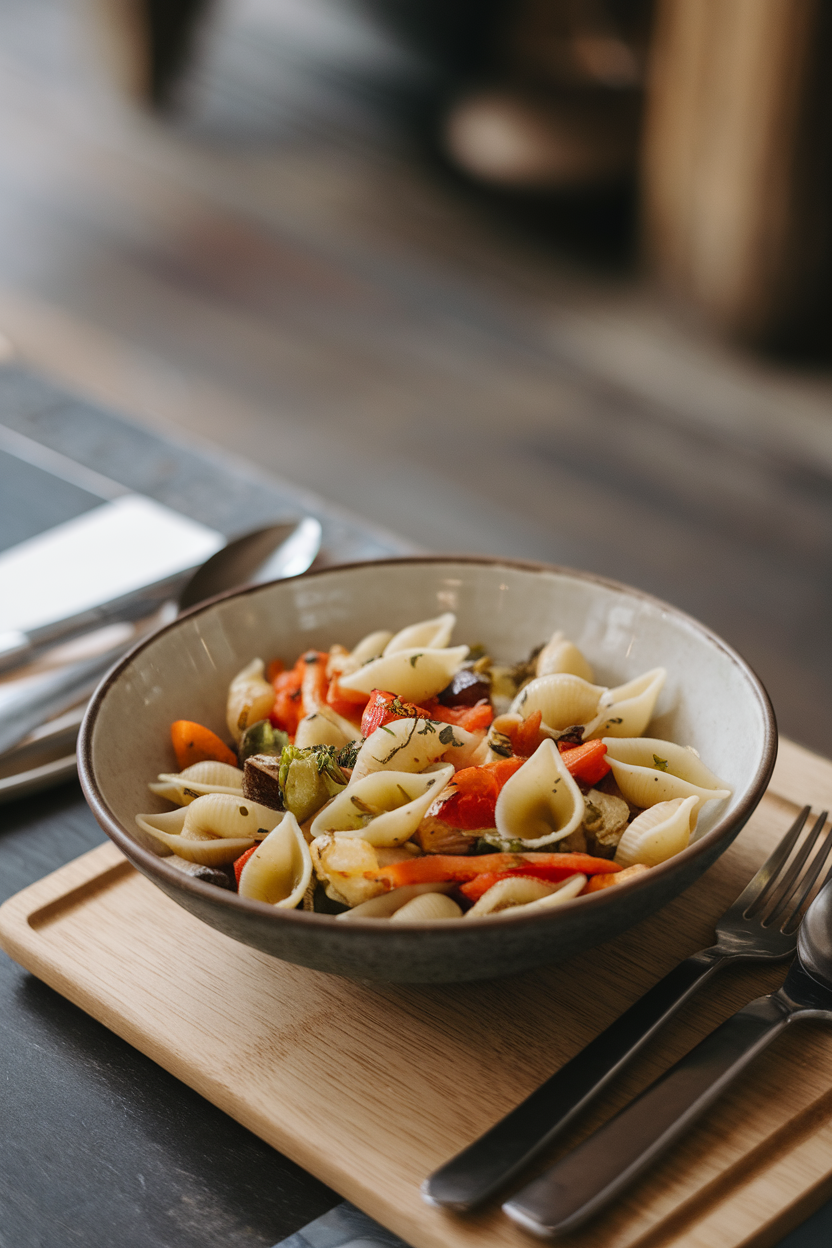 A bowl on an indoor dining table filled with small pasta shells, roasted vegetables, and a light vinaigrette sheen. No text or logos.