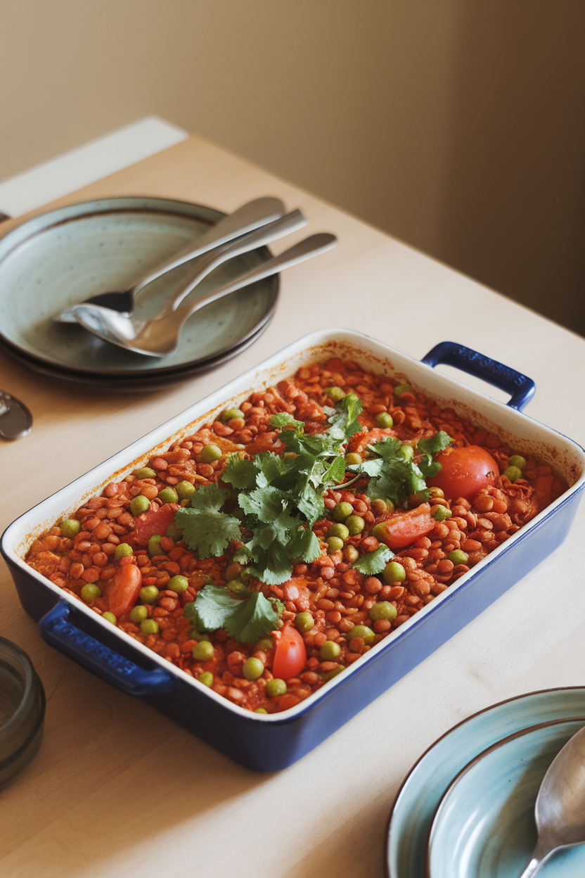 Indoor dining table displaying a rectangular baking dish of red lentils stewed with tomatoes, peas, and mild curry spices, topped with cilantro. No text or brand markings.