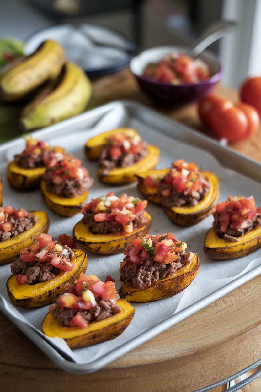 Indoor baking sheet with halved roasted plantains stuffed with beef, pico de gallo spooned over—no text or logos.
