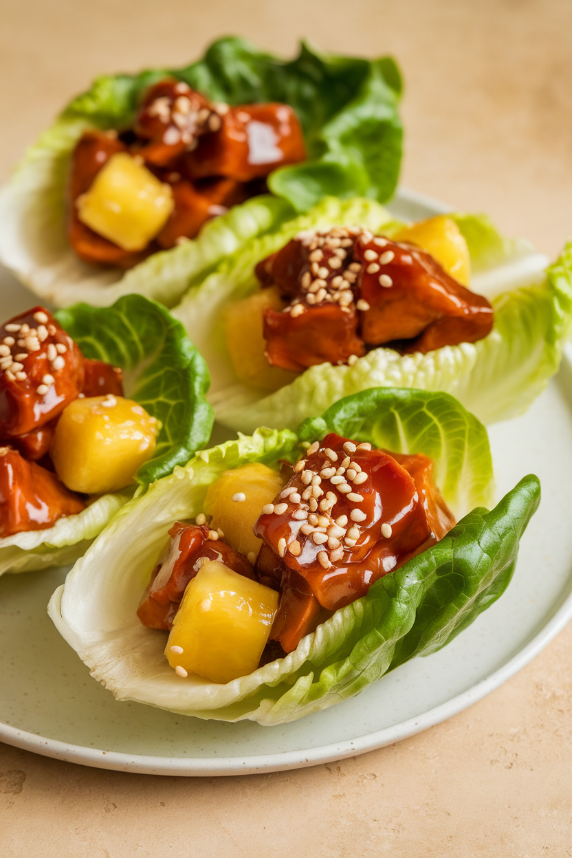 Indoor photo of iceberg lettuce boats holding glossy teriyaki turkey, pineapple tidbits, and sesame seeds, no text or logos.
