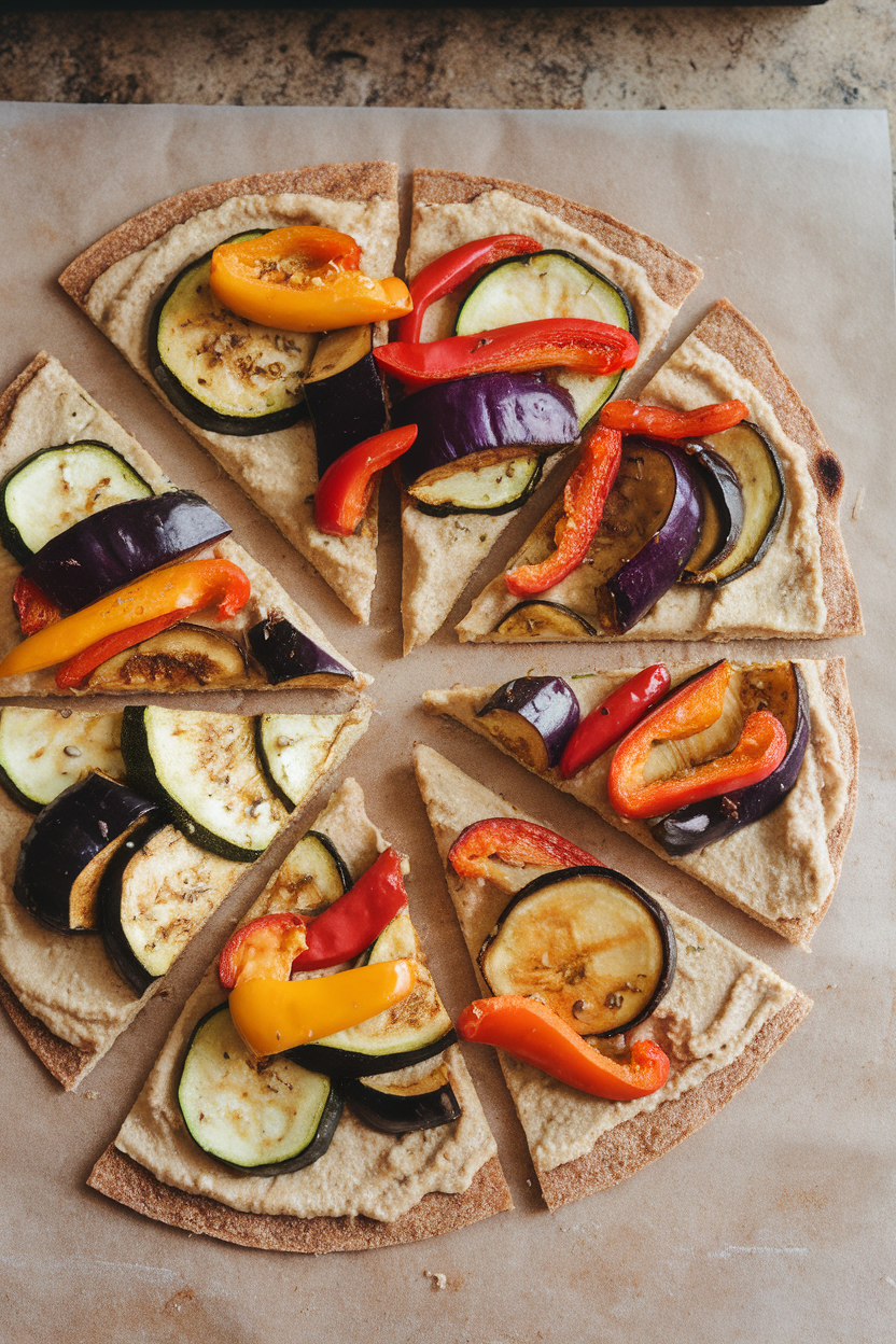 An indoor countertop with whole-wheat flatbread spread with hummus, topped with roasted zucchini, eggplant, and peppers, sliced into wedges. No text or logos. Photo.