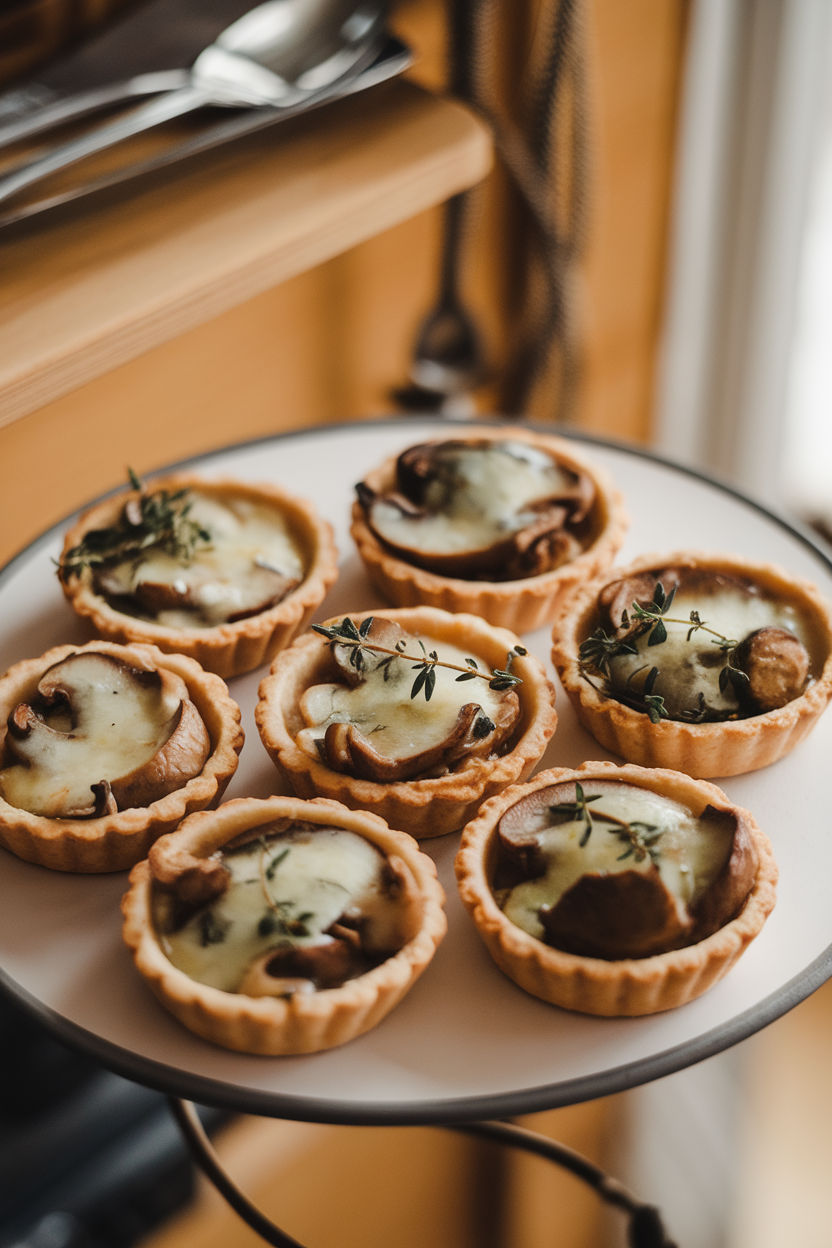 An indoor serving tray displaying mini tart shells filled with sautéed mushrooms and melted Gruyère, thyme leaves on top, no logos.