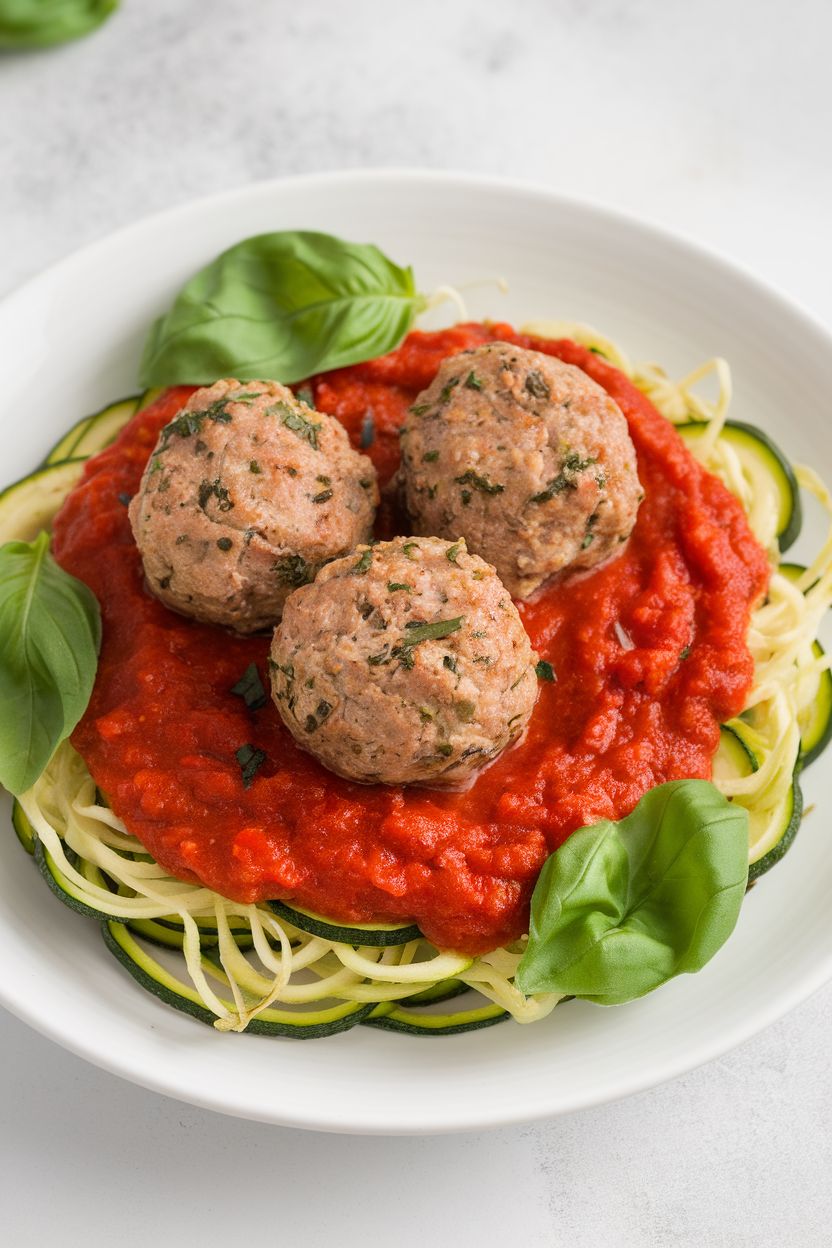 Indoor photo of turkey meatballs flecked with herbs atop spiralized zucchini noodles and marinara sauce. No text or logos.