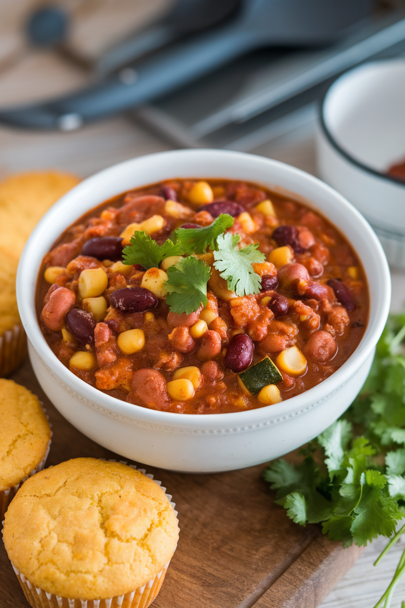An indoor photo of a hearty bowl of turkey chili brimming with beans, zucchini, and corn, garnished with cilantro. No text or logos.