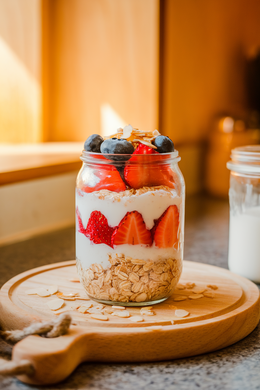A warmly lit indoor countertop showing a glass jar layered with rolled oats, almond milk, sliced strawberries, blueberries, and a sprinkle of chopped almonds on top. No text or logos in sight. Photo, not illustration.