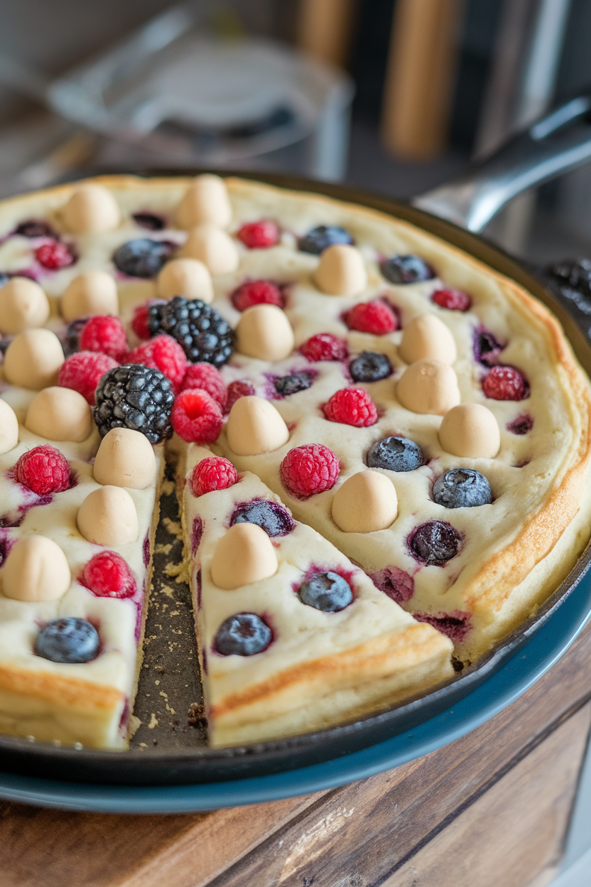 Indoor photo of a large skillet pancake with marzipan pieces and mixed berries baked in, sliced into triangles; no text or logos.