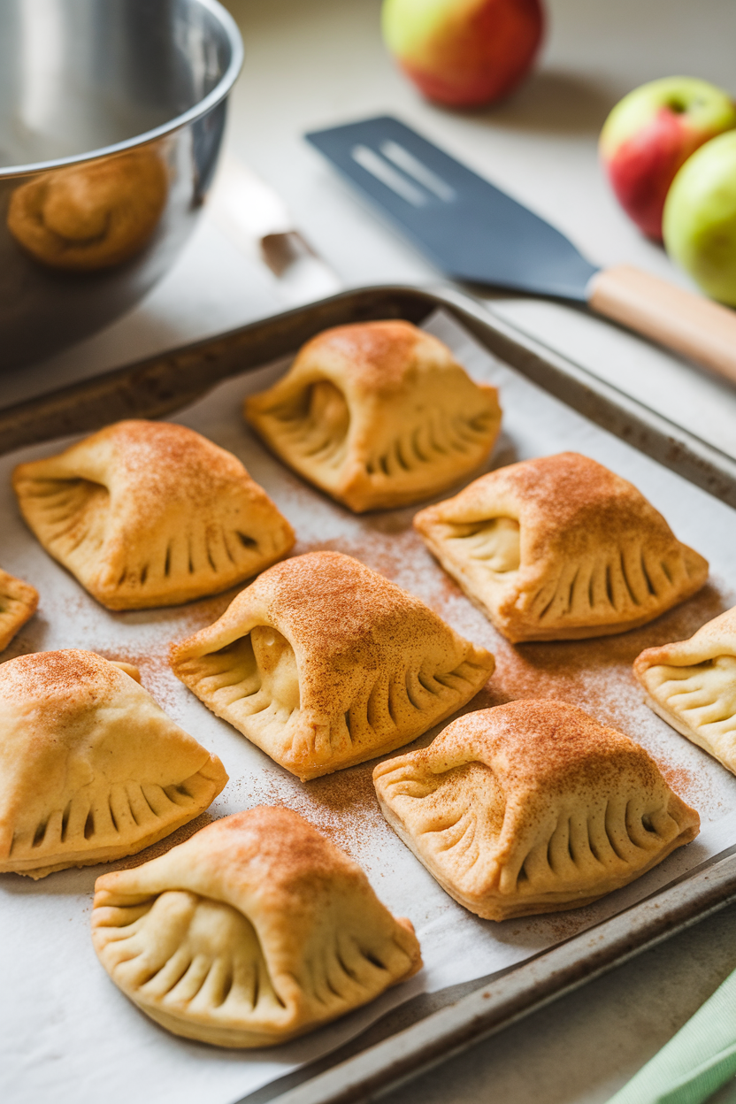 A baking tray on a kitchen counter holding mini apple hand pies with vent slits, cinnamon sugar glistening. Indoor light, no text or logos.</Prompt