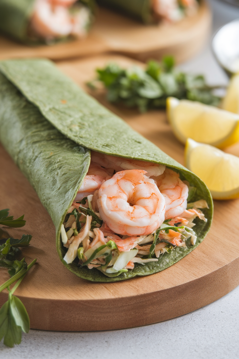 Indoor wrap photo of a spinach tortilla stuffed with shredded Brussels slaw and cooked shrimp; side light, no text or logos.