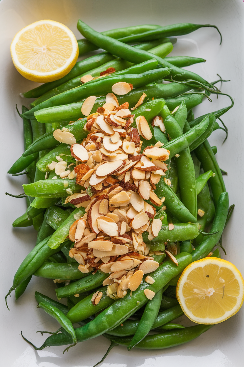 Indoor photo of bright green beans topped with toasted sliced almonds and a squeeze of lemon on a white platter. No text or logos.