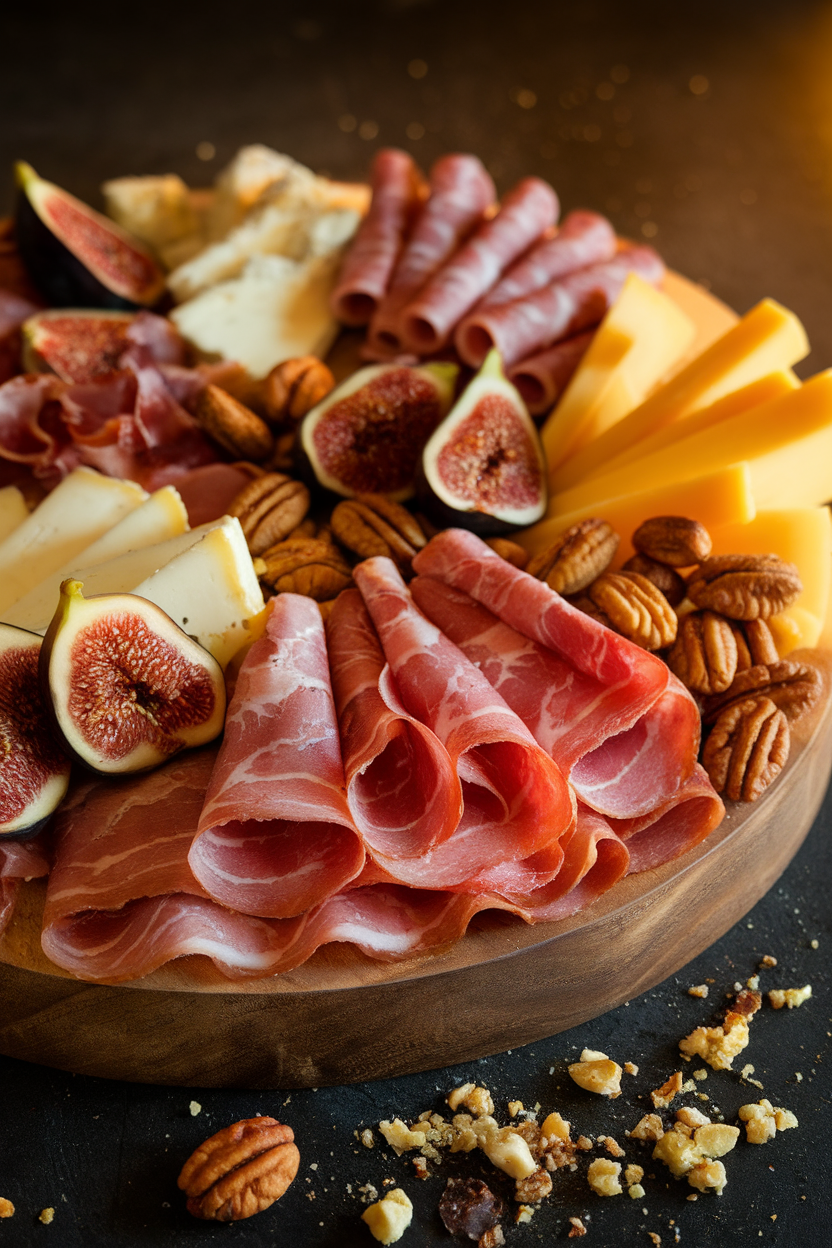 Indoor photo of a wooden board featuring sliced meats, cheeses, figs, and roasted nuts, warm soft lighting, no text or logos