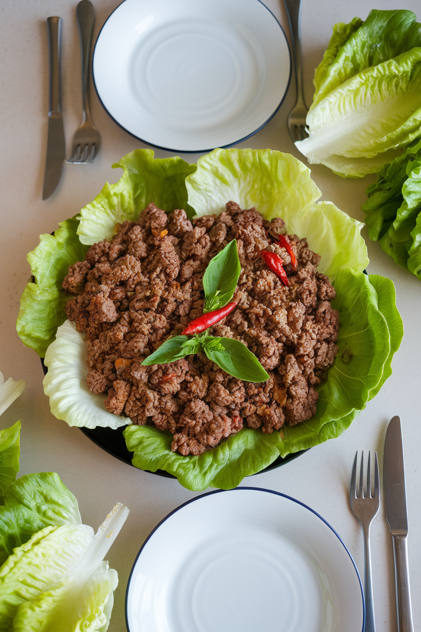 An indoor table setting featuring a platter of cooked ground beef seasoned with basil and chilies, surrounded by crisp butter-lettuce leaves ready for wrapping. No text or logos; photo only.