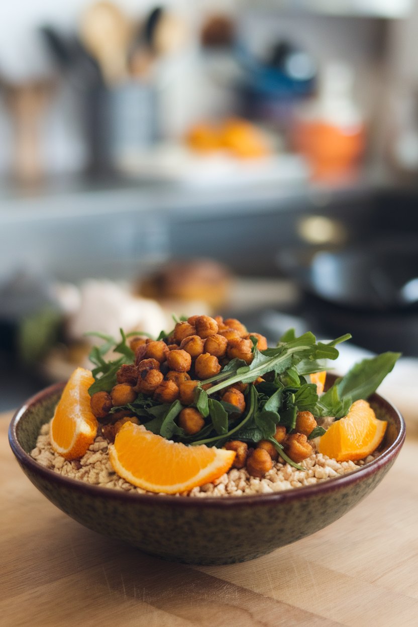 An indoor bowl showing freekeh topped with roasted chickpeas, orange slices, arugula, and mint. No text or logos; photo only.