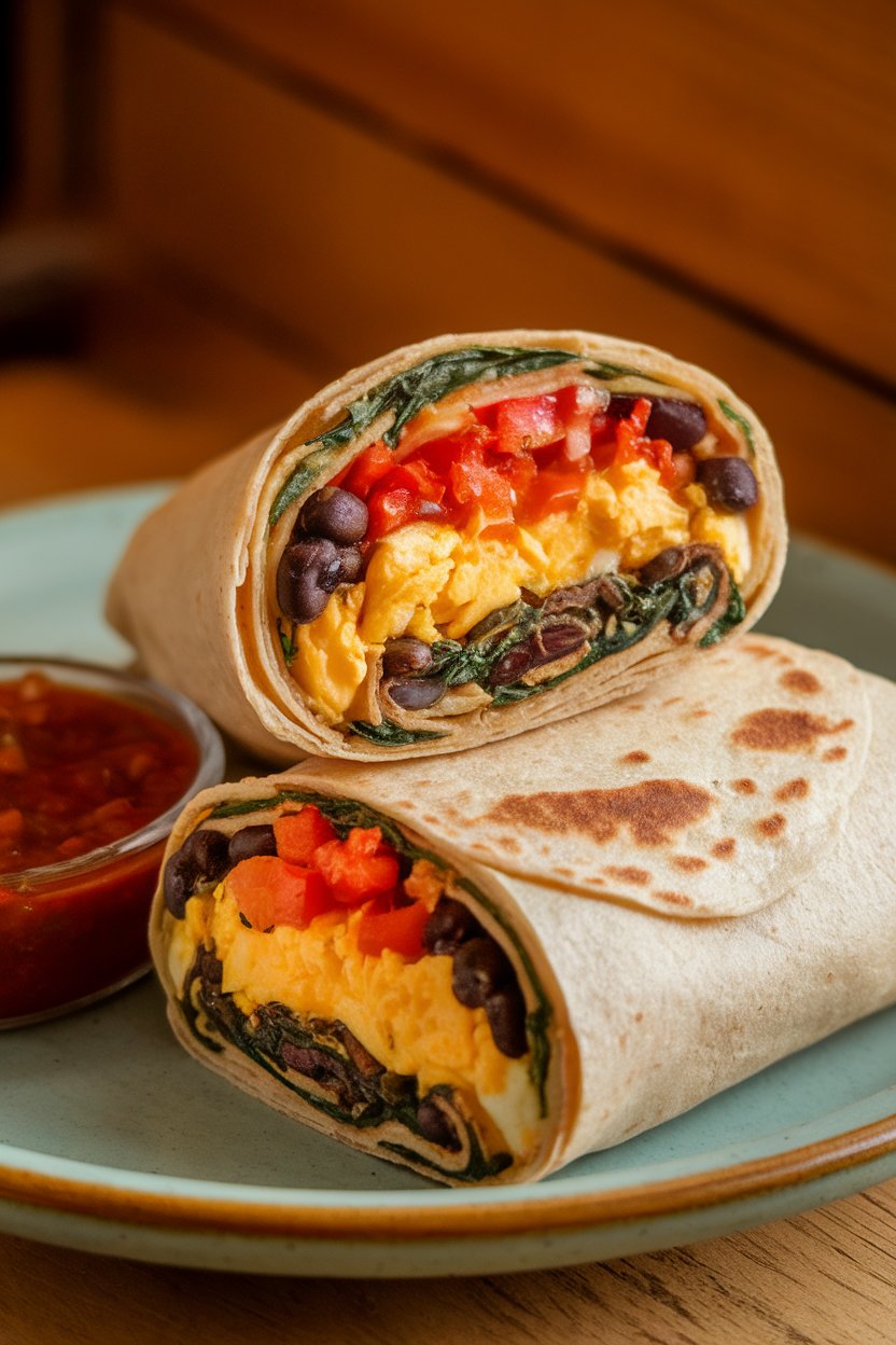 A cut-open whole-wheat breakfast burrito on an indoor plate, showing scrambled eggs, black beans, sautéed peppers, and spinach inside. Warm indoor lighting; no text or logos.