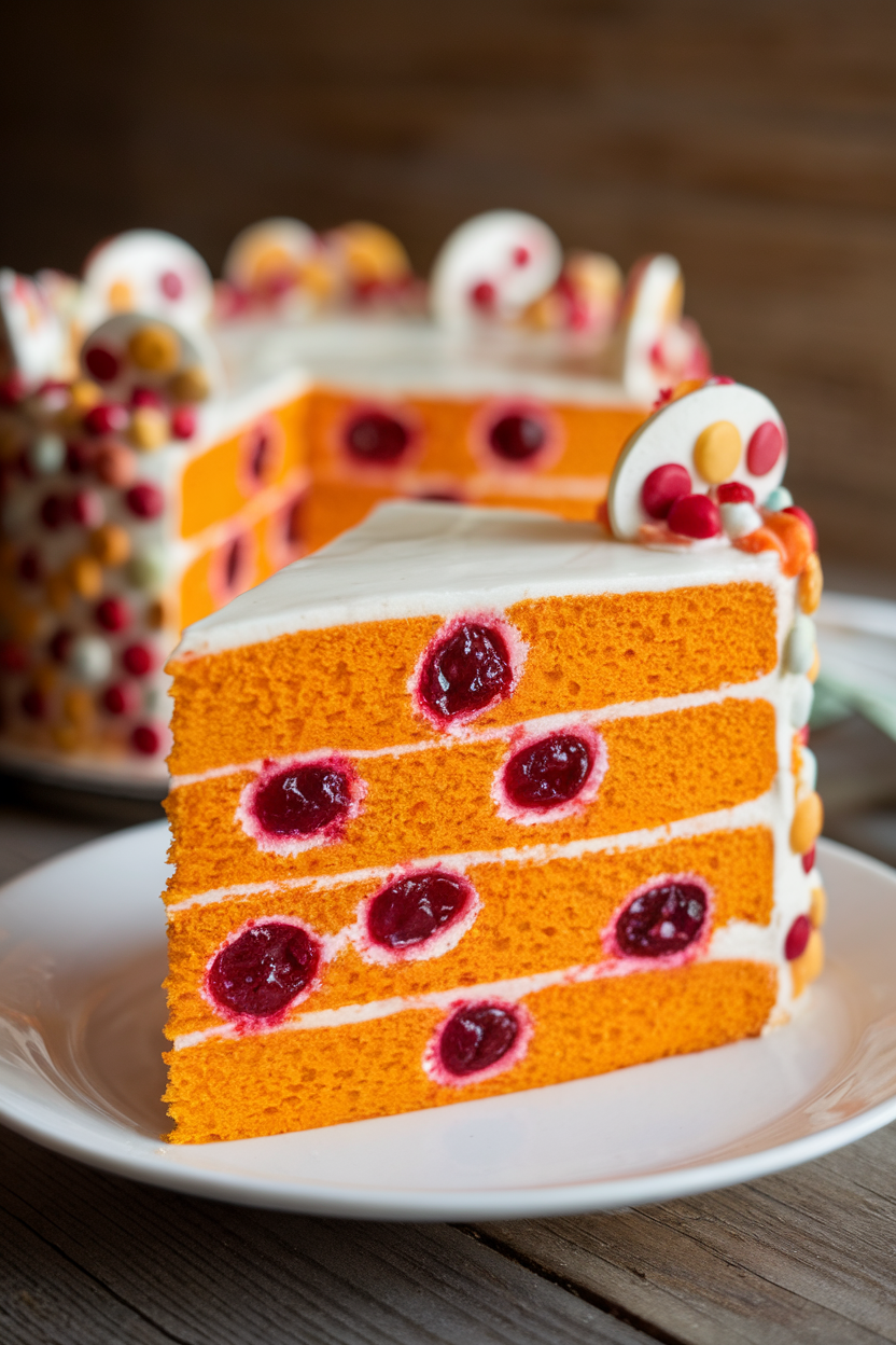 Sliced cake indoors revealing bright cranberry jam-filled polka dots inside a zesty orange sponge, exterior frosted white with more dot accents. Soft light; no logos.